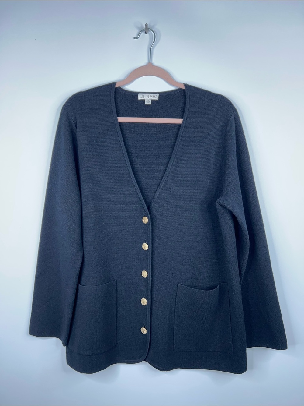J. Crew Giselle Black V-Neck Sweater Blazer Wool Blend Gold Buttons Medium